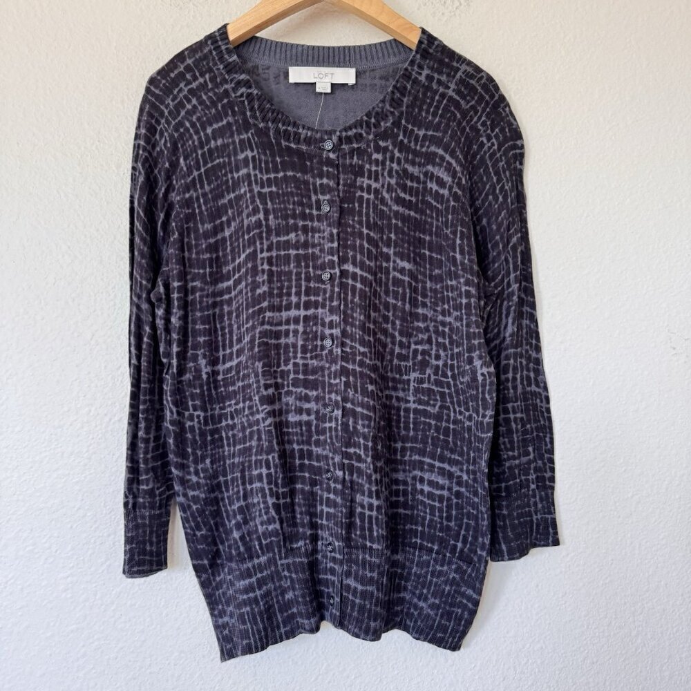 LOFT Ann Taylor Black Grey Marbled Round Neck Button Front Cardigan Size M NWT
